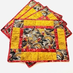 Vintage Handcrafted Turkey Thanksgiving Placemats Set of 4 Quilted Fall Leaves